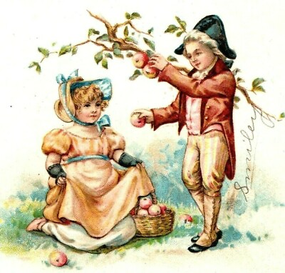 #ad C.1908 Adorable Children. Colonial. Apple Picking. Mrs. Johnson. Smiley Signed. $3.25