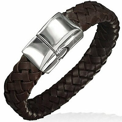 #ad Brown Leather Braided Silver Tone Stainless Steel Wristband Mens Bracelet $19.99
