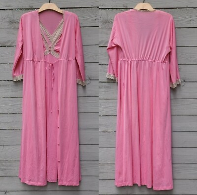 #ad Vintage 60s 70s Vanity Fair 2pc Slip Dress Nightgown Robe Set Pink Euro Sz 38 $79.99