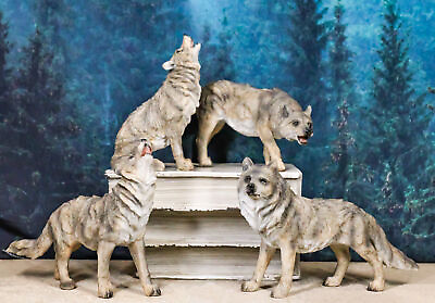 #ad Set Of 4 Mystical Forest Woodland Alpha Gray Wolf Howling And Tracking Figurines $45.99