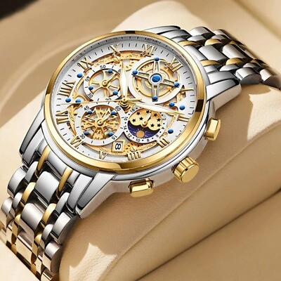 #ad Men#x27;s Luxury Chronograph Watch Full Steel Waterproof Skeleton Quartz Wristwatch $46.99