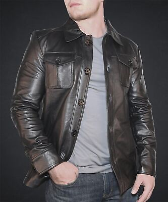 #ad New Leather Jacket Mens Biker Motorcycle Real Leather Coat Slim Fit Black #1199 $118.00