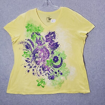 #ad JMS Women Top 2X Yellow Shirt Floral Graphic Short Sleeve V Neck Tee READ $12.88