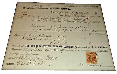 #ad JULY 1866 NYC NEW YORK CENTRAL RAILROAD FREIGHT BILL WATKINS ALBANY NEW YORK $75.00
