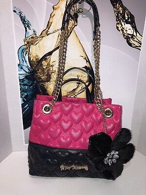 #ad BETSEY JOHNSON Pink amp; Black Quilted Heart Shoulder Bag with Flower Accent $33.00
