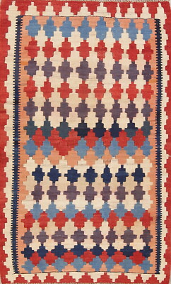 #ad Vintage Reversible Geometric Kilim Hand woven Area Rug Wool Oriental Carpet 3x5 $253.00
