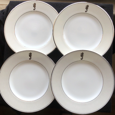 #ad Set of 4 Salad Plates New WATERFORD China SEAHORSE IVORY Platinum Edge Cream Rim $100.00