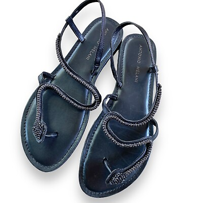 #ad Antonio Melani Snake Embellished Flat Sandals Sz 7 Black Strappy Buckle $40.00