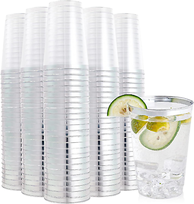 #ad 200 Pack 12 Oz Silver Rimmed Plastic Cups Clear Plastic Cups 12 Ounce Tumblers $63.72