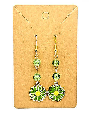 #ad Green Enamel Gerbera Daisy Flower Daisies Dangle Drop Earrings w Crackle Glass $2.48