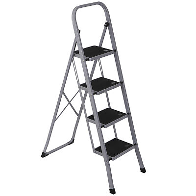 #ad Folding 4 Step Ladder Handgrip Anti Slip Sturdy Step Stool Wide Pedal 330lb Grey $46.58