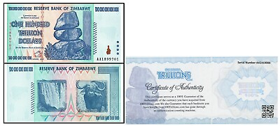 #ad Zimbabwe 100 Trillion Banknote 1 Note AA 2008 P 91 UNC Authenticity Guaranteed $209.99