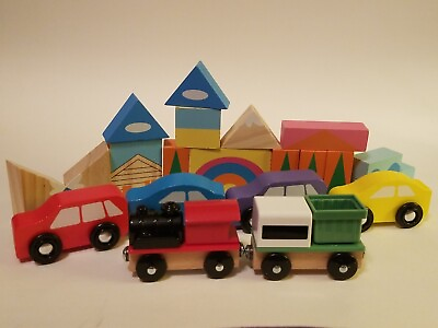 #ad Toys 4 Melissaamp;Doug Cars 15 Blocks Rainbow Tree Water Scenery 2 Ikea Train Cars $14.99