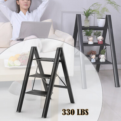 #ad Steel Step Ladder 3 Step Folding Sturdy 330lbs Small Stool Kitchen Ladder Black $31.59