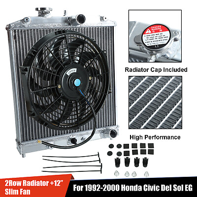 #ad 2 Row Aluminum Radiator12quot; Slim Fan For 1992 2000 Honda Civic Del Sol EG EH EJ $79.88