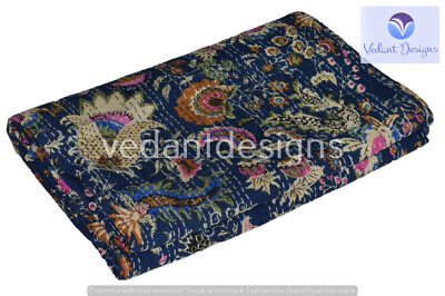 #ad Indian Handmade Floral Kantha Quilt Reversible Bedspread Double Cotton $64.00