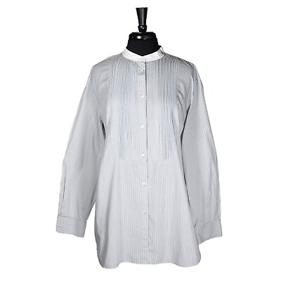 #ad Ralph Lauren Women#x27;s Shirt Button Up Blue White Striped Pleated Blouse Top 2X $24.99