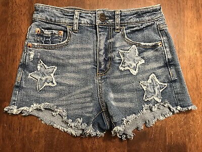 #ad AEROPOSTALE *SIZE 000* HIGH WAISTED SHORTY DENIM JEAN SHORTS WITH STAR PATCHES $23.99