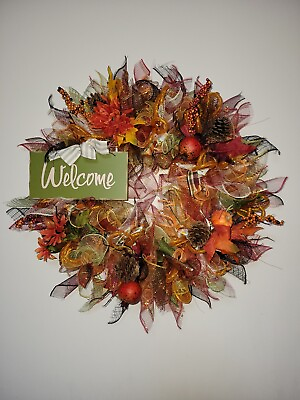 #ad WELCOME autumn Spring Mesh Front Door Wreath Wall Decor Bright colors large $44.99