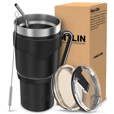 #ad Atlin Tumbler 30oz Stainless Steel Vacuum Insulation Black Travel Coffee Mug $19.99