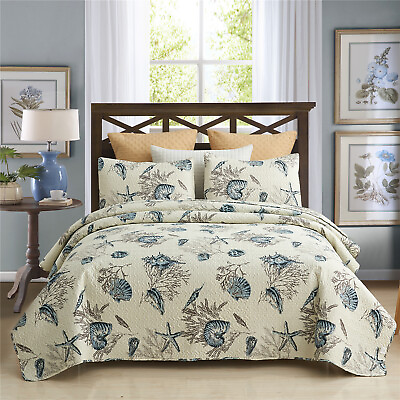 #ad #ad 3 Pieces Beach Shell Bedspread Ocean Theme Seashell Conch Quilt $34.19