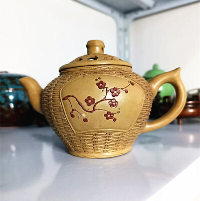 #ad China Yixing craft imitation Bamboo knitting pattern zisha pot Yellow mud teapot $12.99