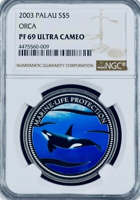 #ad Top Pop 1 2003 Palau $5 Marine Life Orca Killer Whale Colorized PF69 UCAM Silver $200.00