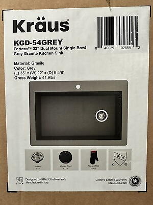 #ad Kraus KGD 54GREY Forteza 33” Dual Mount Single Granite Kitchen Sink in Grey $319.95