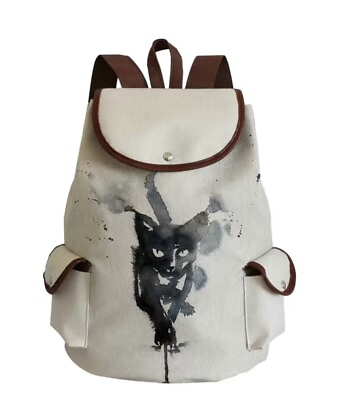 #ad #ad NEW Black Cat Backpack Canvas amp; Leather Super Cute Tote Bag Duffle $35.00
