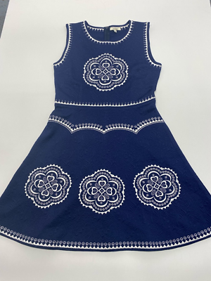 #ad Creme Womens A Line Dress Blue Floral Embroidered Stretch Scoop Sleeveless Zip M $5.62