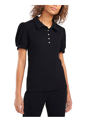 #ad RILEYamp;RAE Womens Black Ribbed Pouf Sleeve Collared Polo Top S $3.39