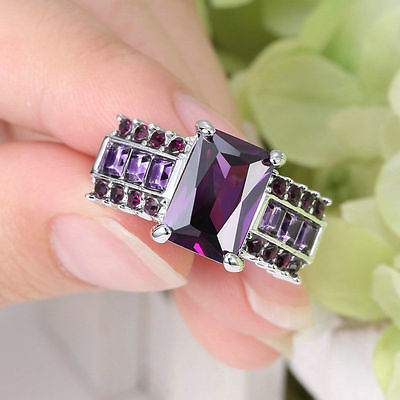 #ad AMETHYST amp; BAGUETTES CZ#x27;S TRIMMED SILVER RHODIUM LAYERED RING SIZE 8 $29.77