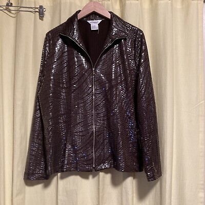 #ad Exclusively Misook Brown Sequin Jacket Zip Front Reflective Large $40.00