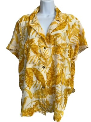 #ad Wonderly Top 2X Yellow Linen Tropical Floral Pockets Short Sleeve Blouse Shirt $7.95