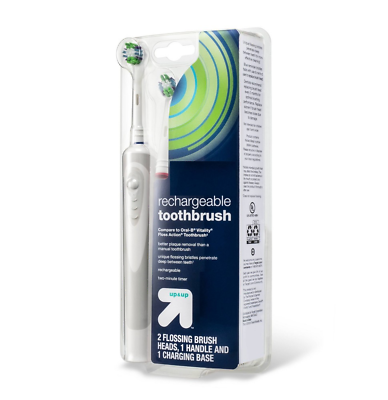 #ad NEW Rechargeable Toothbrush w charging base handle amp; 2 heads white amp; blue $10.95
