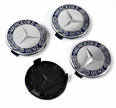 #ad SET OF 4 Mercedes Benz 75MM Classic Dark Blue Wheel Center Hub Caps AMG Wreath $15.99