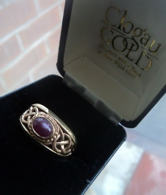#ad Early Welsh 9ct Clogau Gold Celtic Cabouchon Ruby Ring h m 1996 size R S $606.66