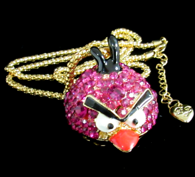 #ad New Betsey Johnson Crystal Fashion Necklace Pendant Pink Angry Bird Birds $13.99