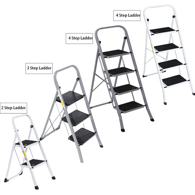#ad Steel Folding 2 3 4 Step Ladder Step Stool Wide Anti Slip Pad Ladder White Grey $35.58