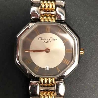 #ad Christian Dior Quartz Women#x27;s Date Silver × Gray Dial Octagon Swiss Watch Logo $186.00