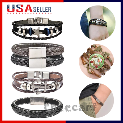 #ad Multilayer Leather Bracelet Braided Men’s Women’s Wristband Bangle Jewelry Steel $3.74