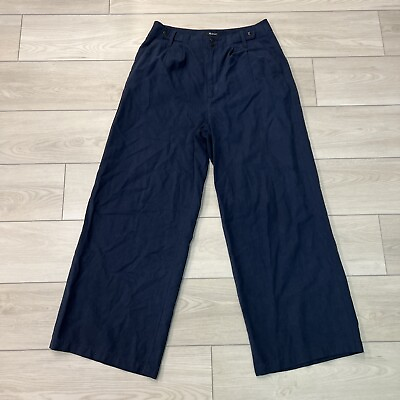 #ad Madewell The Harlow Wide Leg Pant Dark Blue Linen Blend Pockets Pleated Size 8 $39.99