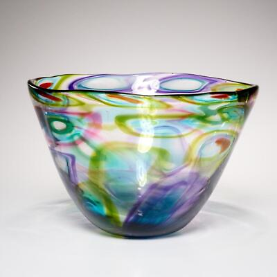 #ad AO Glass Handblown Art Glass Colorful Multicolor Rainbow Bowl 6.5quot;h 9.5quot;dia $102.00