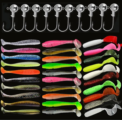 #ad 30 Soft Fishing Lures Silicone Lure Set Bait Worm with 10 Jig Head Hook Kit New $14.99