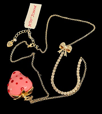 #ad Betsey Johnson Pink Strawberry With Red Rhinestone Long Chain Necklace Gold Tone $31.00