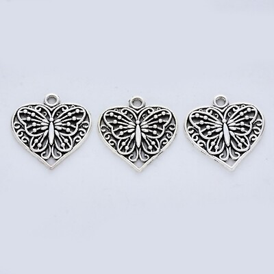 #ad 20Pcs Antique Silver Tibetan Style Alloy Heart with Butterfly Pendants 23x22x2mm $6.61