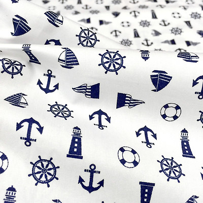 #ad NAUTICAL WHITE POLISHED COTTON ANCHOR LIGHTHOUSE Fabric 44quot;W BTY Craft Decor $8.99