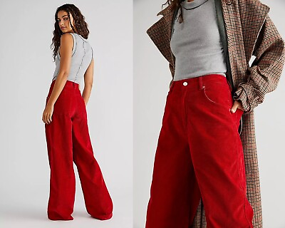 #ad Free People CRVY Gia Cord Red Wide Leg Jeans NWT Size 31 $158.00
