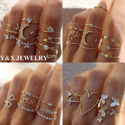 #ad #ad Retro Boho Rings Set Crystal Pearl Butterfly Gold Rings For Women Jewelry Set C $1.49