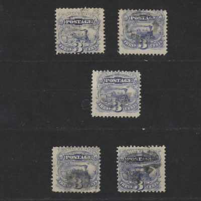 #ad US Used Wholesale LOT of 5 #114 3¢ 1869 Locomotive Stamps As shown hingeRemnan $19.97